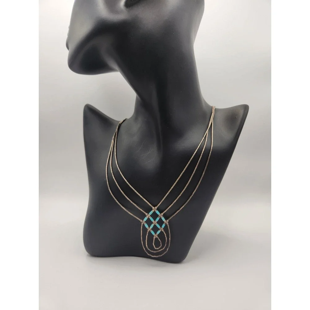 Vintage Liquid Silver Turquoise Multi Strand Necklace Sterling Southwestern 16.5